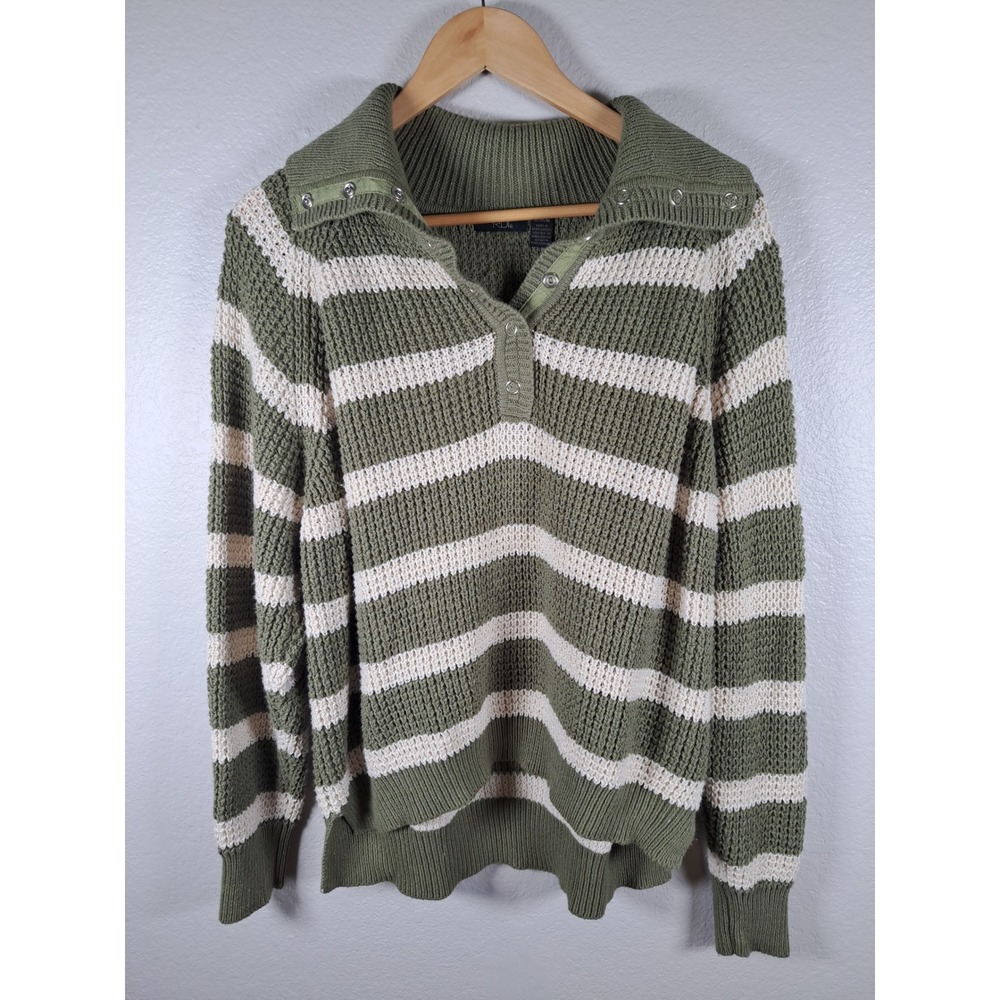 RDI Womens Olive Green Cream Striped Snap Neck Knit Sweater Size Medium